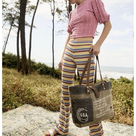 Zara| Beachy Knit Flare Pants in Neutral Stripes, Size Small, NWT•••Boho - Picture 1 of 14